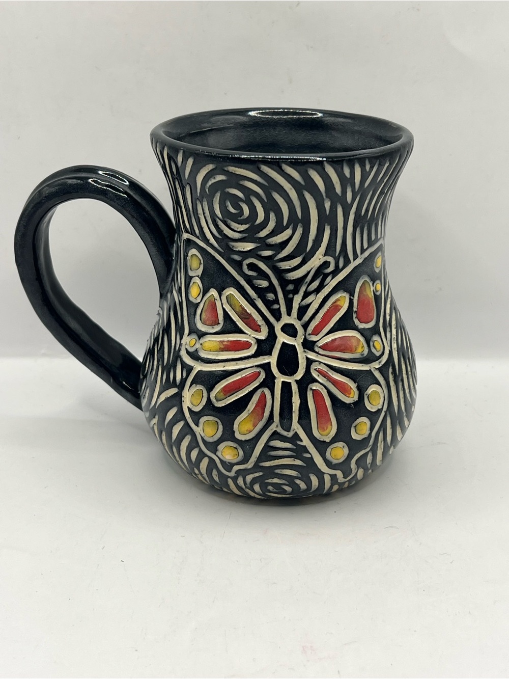 Signed Stoneware Sgraffito Pottery Mug With Butterfly 4.5”